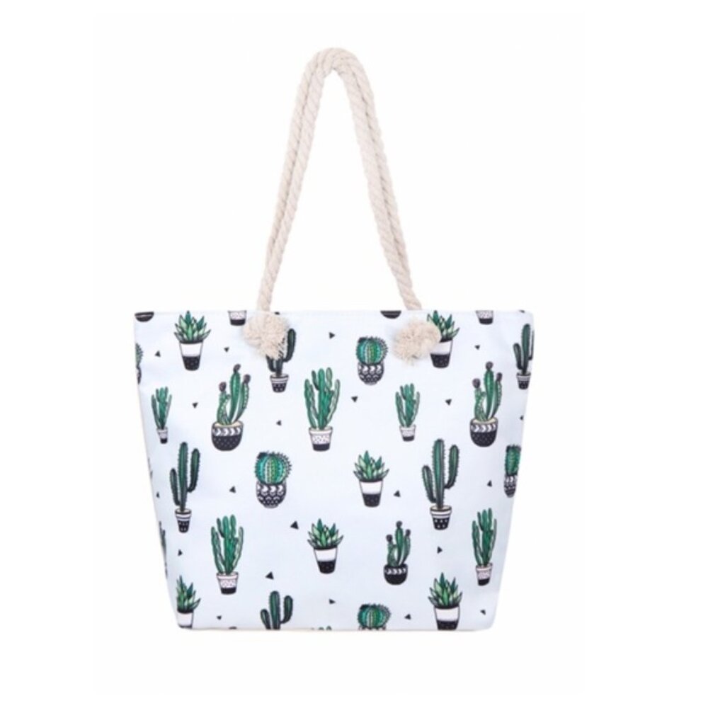 Cactus Garden Print Tote Bag - Green and White - W/ Rope Handles - NWT